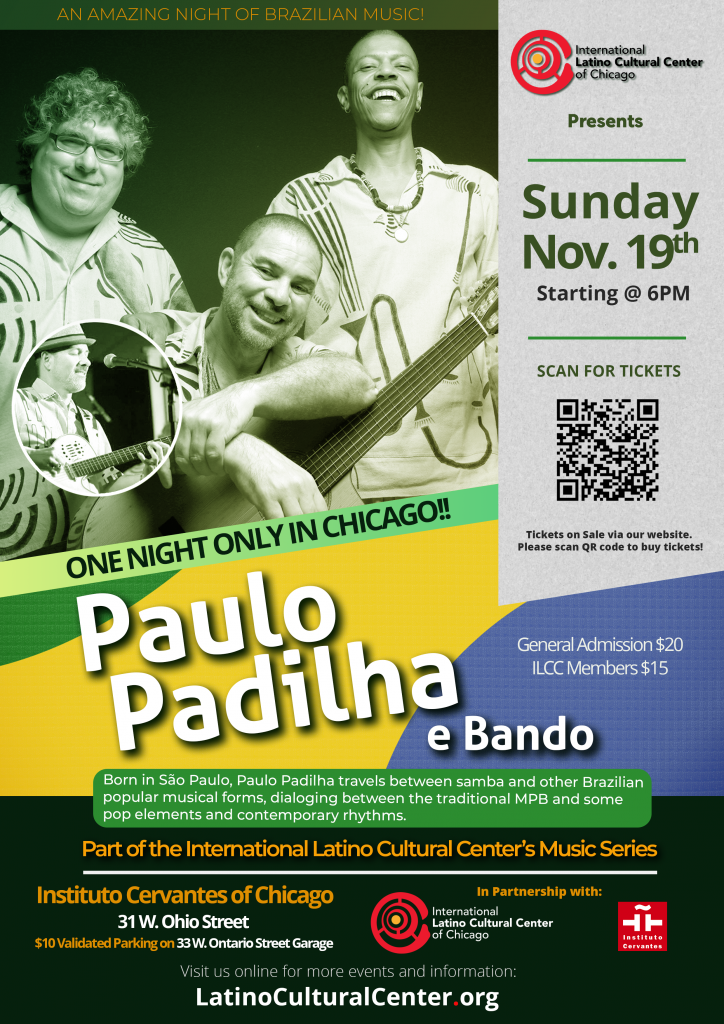 Paulo Padilha se apresentará no Instituto Cervantes no dia 19 de novembro de 2023. Este concerto é produzido pela International Latino Cultural Center of Chicago em parceria com o Instituto Cervantes de Chicago.