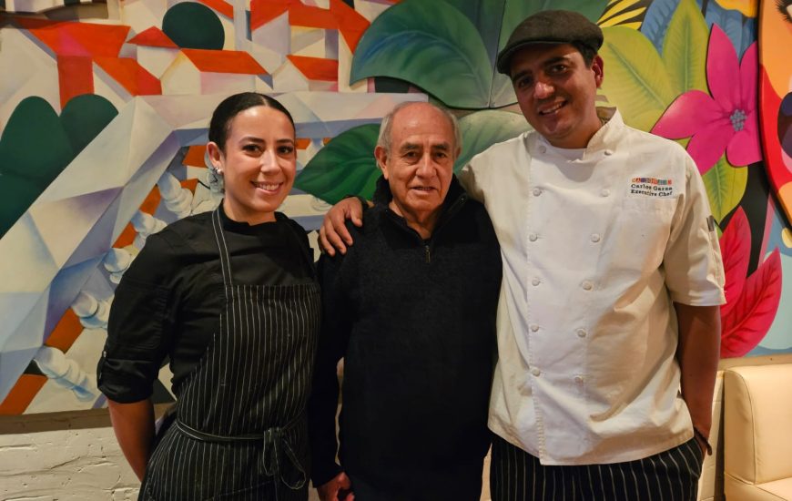 Mercadito Collaboration with the International Latino Cultural Center of Chicago - Pepe Vargas poses with Executive Chef Carlos Garza and Chef Zoey Bryant