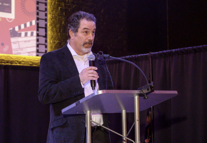 Newly Appointed Executive Director of the International Latino Cultural Center Mateo Mulcahy speaks to the audience at the 42nd Chicago Latino Film Festival Kick Off Party in April.